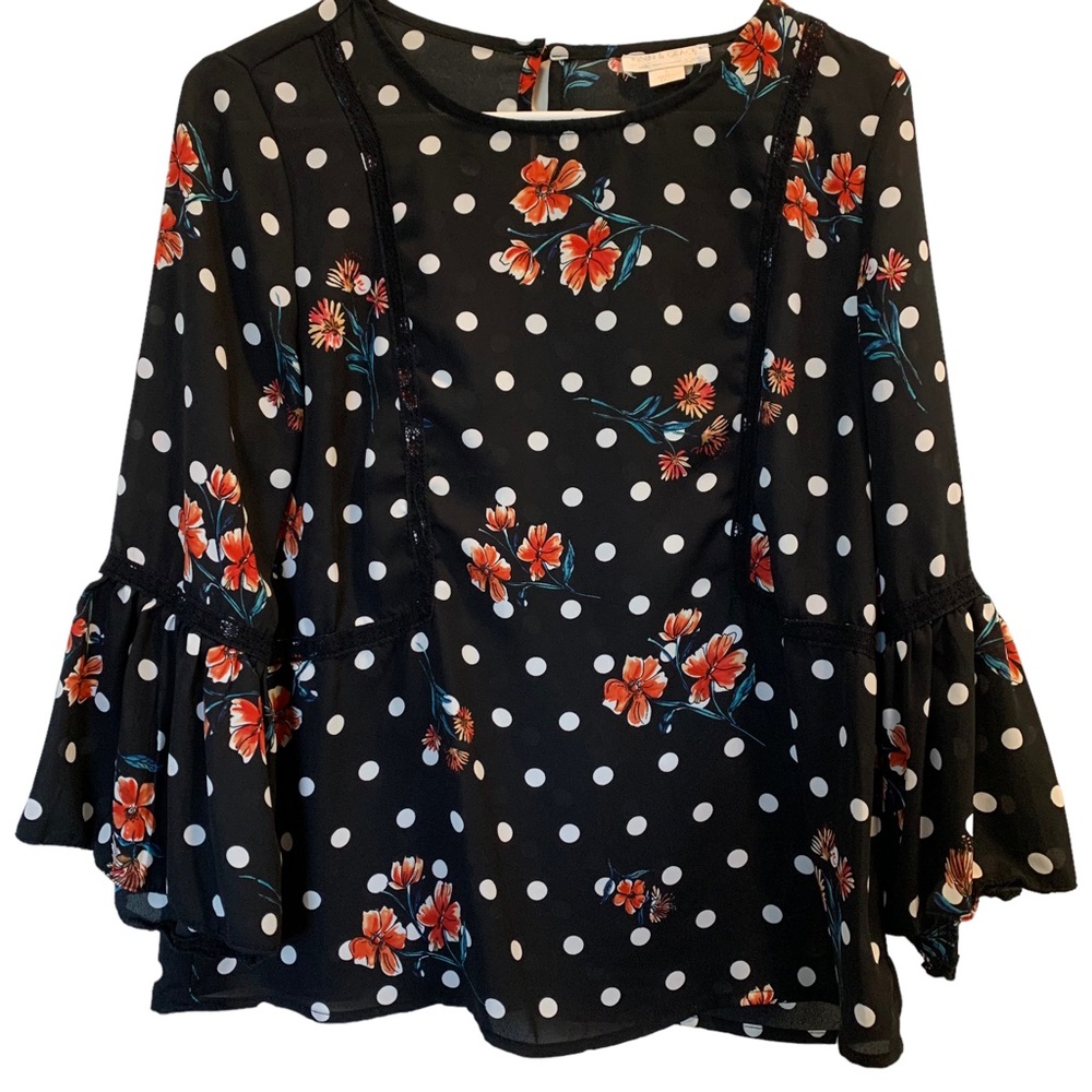 Finn & Grace Black Polka Dot Blouse with Bell Sleeves Size Small